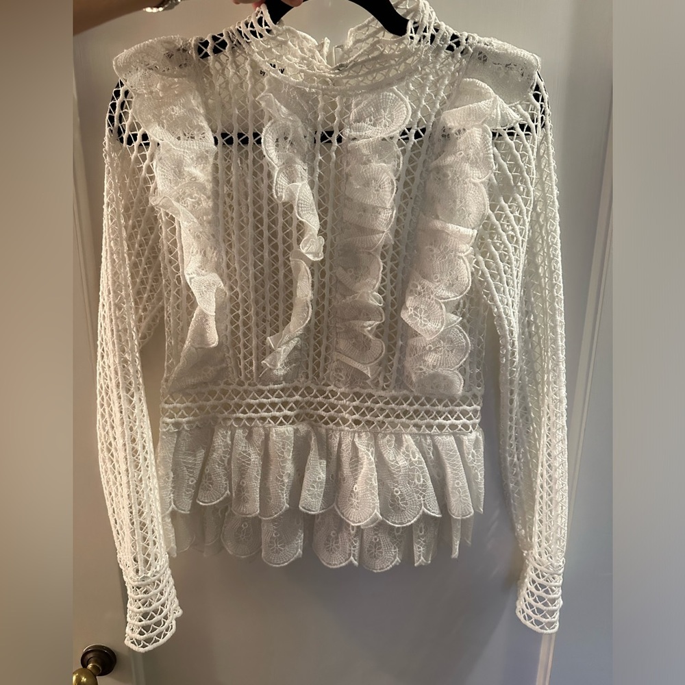 White lace crochet ruffle blouse